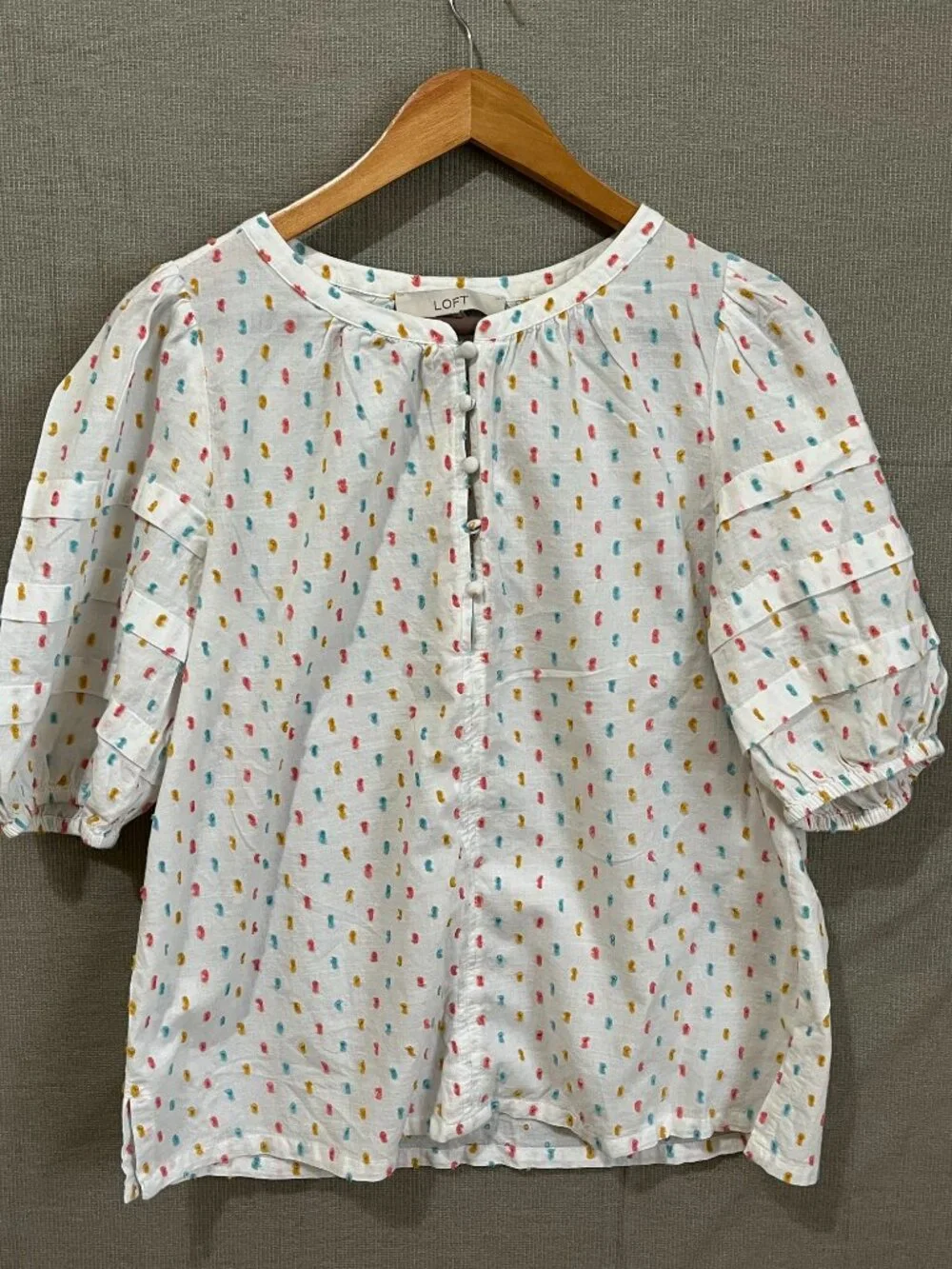 LOFT Womens White Multicolor Embroidered Dot Blouse Ruffle Puff Sleeve Sz S